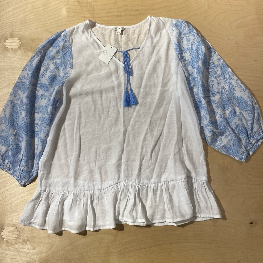 Cato Est 1946 White and Blue Blouse with Paisley Sleeves Large (QL)